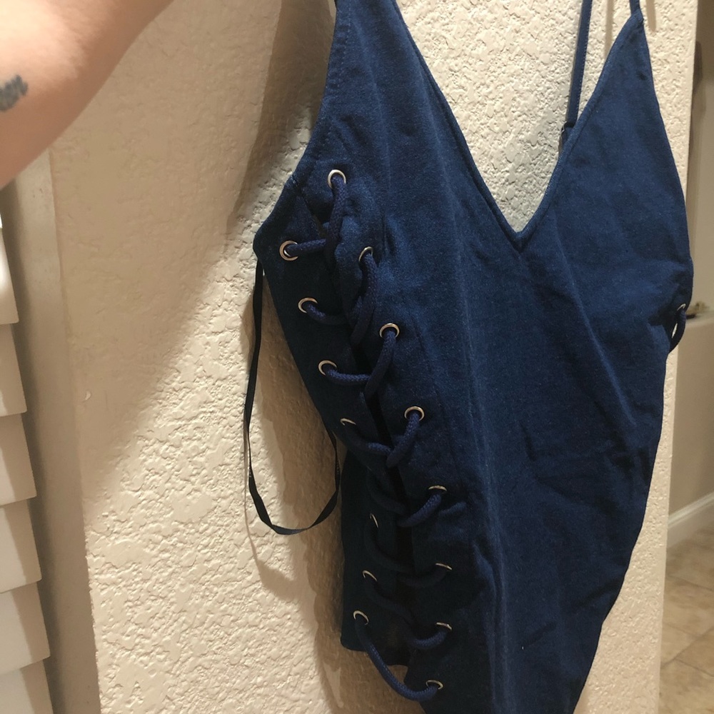 Sexy denim style one piece swimsuit with tie sides